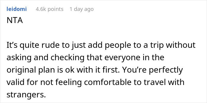 Reddit comment discussing travel plans and adding strangers without consent. Reddit comment discussing travel plans and adding strangers without consent.