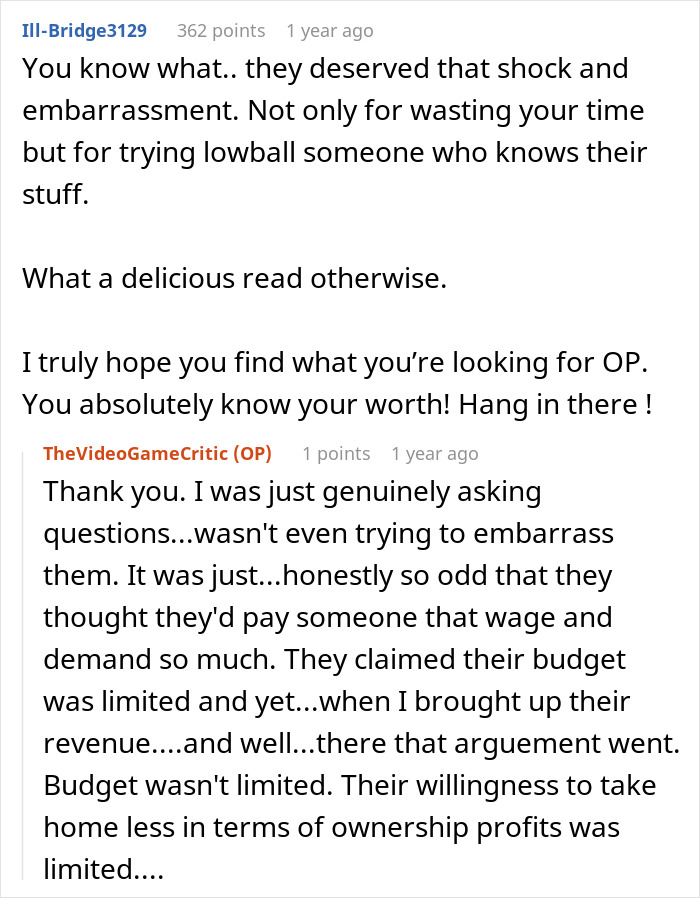 Reddit comments discussing a surprising job interview about expectations and salary, highlighting candidate's value.