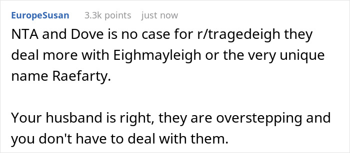 Reddit comment supporting someone named Dove against mockery by MIL and SIL.