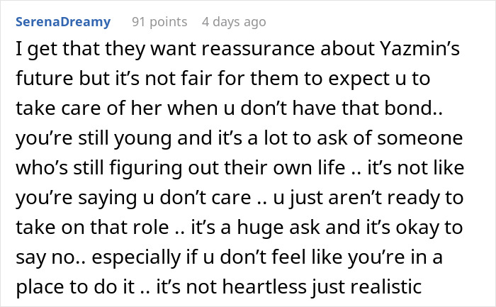 Text discussing teen's perspective on caring for disabled stepsister amidst dad's expectations.