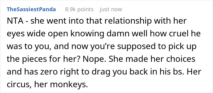 A Reddit comment discusses relationship dynamics and accountability related to an ex-friend's brother and hospital situation.