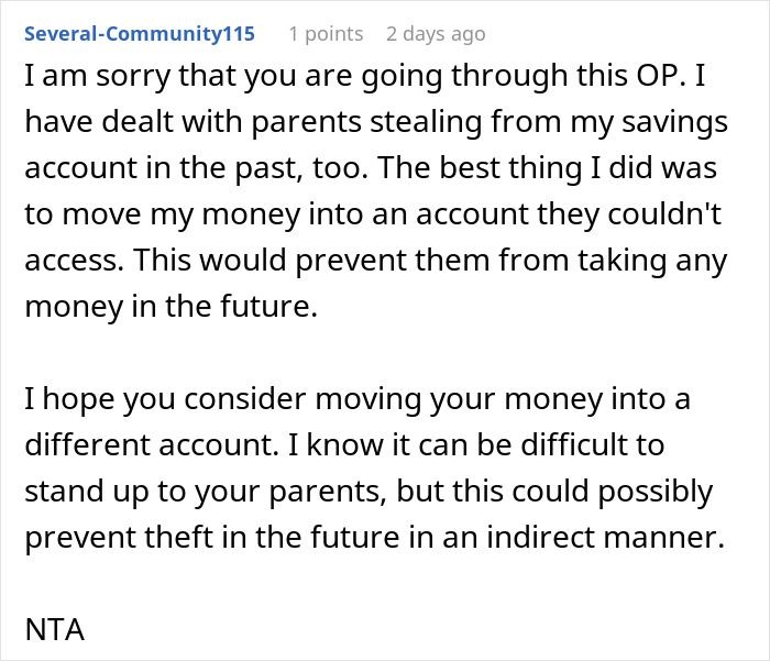 Comment advising on financial independence from parents regarding daughter's money. Comment advising on financial independence from parents regarding daughter's money.