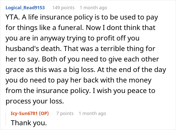 Reddit comments discussing funeral costs and life insurance repayment after a loss. Reddit comments discussing funeral costs and life insurance repayment after a loss.