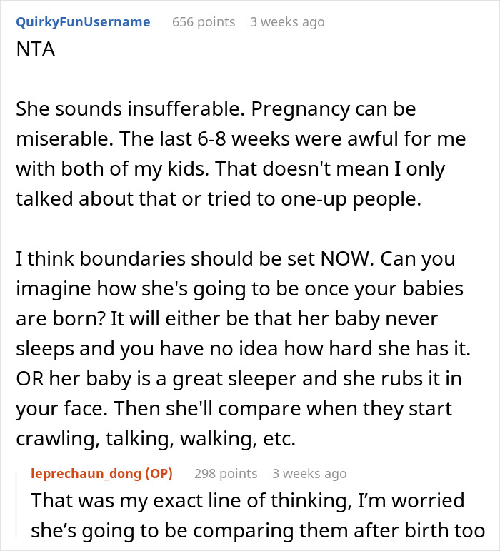 Reddit comment discussing setting boundaries with a pregnant friend who complains often.