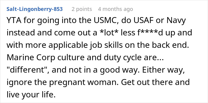 User comment discussing military career options and advice to ignore a pregnant woman.
