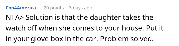 Comment suggesting to remove Gizmo watch to prevent spying by ex-husband. Comment suggesting to remove Gizmo watch to prevent spying by ex-husband.