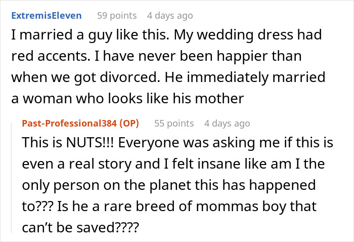 Reddit comments discussing a fianc&eacute;'s mom and wedding dress colors.
