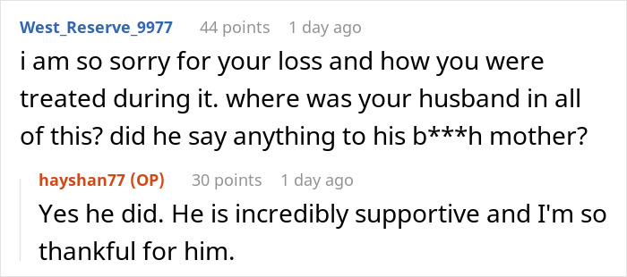 Reddit conversation about miscarriage support, involving MIL issues affecting vacation.