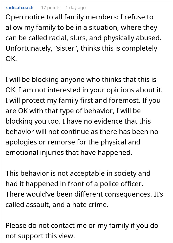 Text discussing blocking family over abuse issues, refusing sister&rsquo;s wedding invitation.