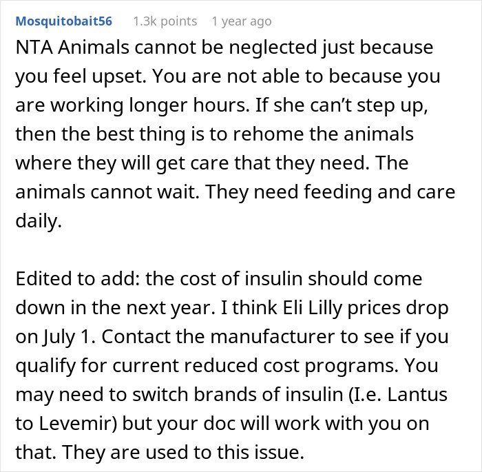 Comment debating chores despite daughter's disease, discussing insulin cost and pet care responsibilities.