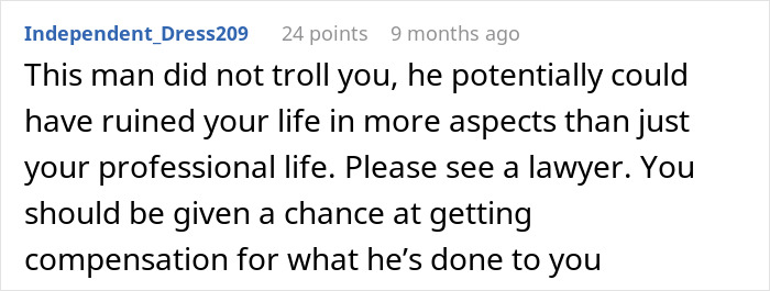 Reddit comment advising a woman on IT guy's career sabotage and seeking legal compensation. Reddit comment advising a woman on IT guy's career sabotage and seeking legal compensation.