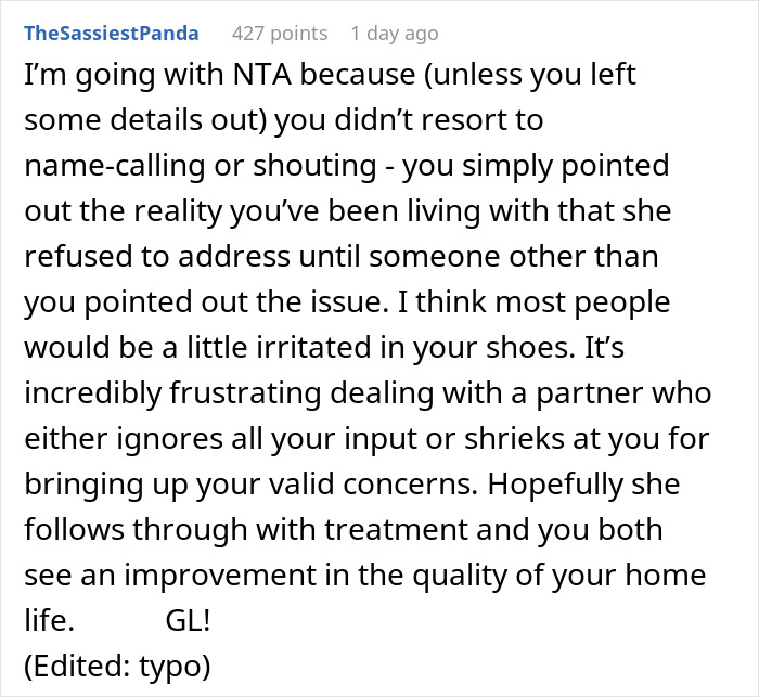 Text comment from user "TheSassiestPanda" discussing relationship communication issues. Text comment from user "TheSassiestPanda" discussing relationship communication issues.