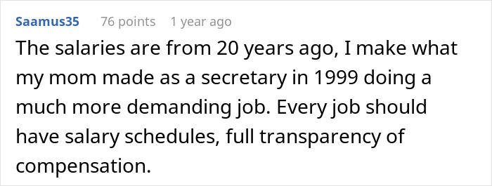 Reddit comment about outdated salaries and the need for transparent job expectations and compensation.