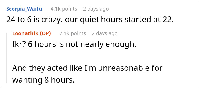 Text exchange discussing quiet hours in relation to woman insomnia and loud roommates. Text exchange discussing quiet hours in relation to woman insomnia and loud roommates.