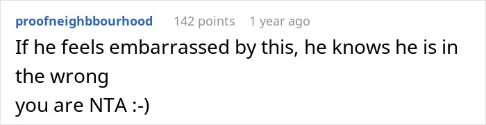Comment discussing a situation involving a father, highlighting feelings of embarrassment and acknowledging someone is not at fault.
