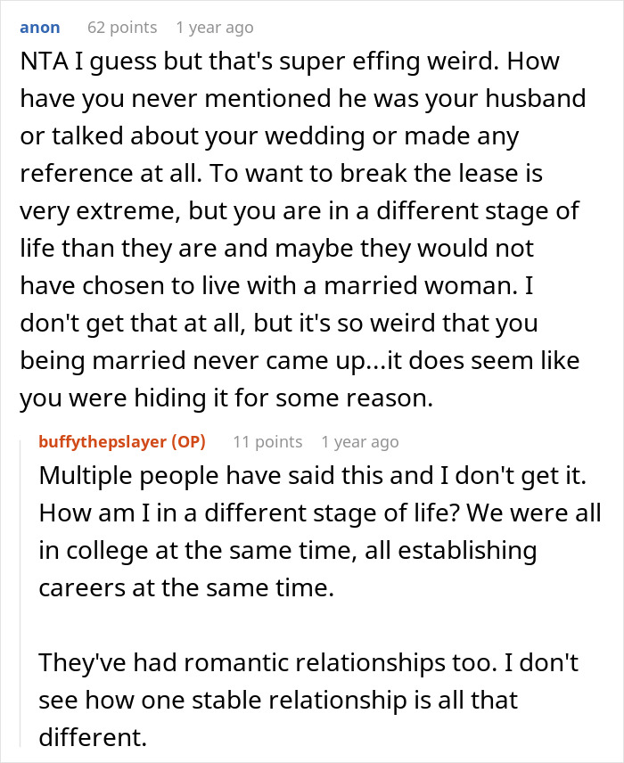 Text conversation about roommates discovering a woman's secret of being married, feeling it changes everything. Text conversation about roommates discovering a woman's secret of being married, feeling it changes everything.