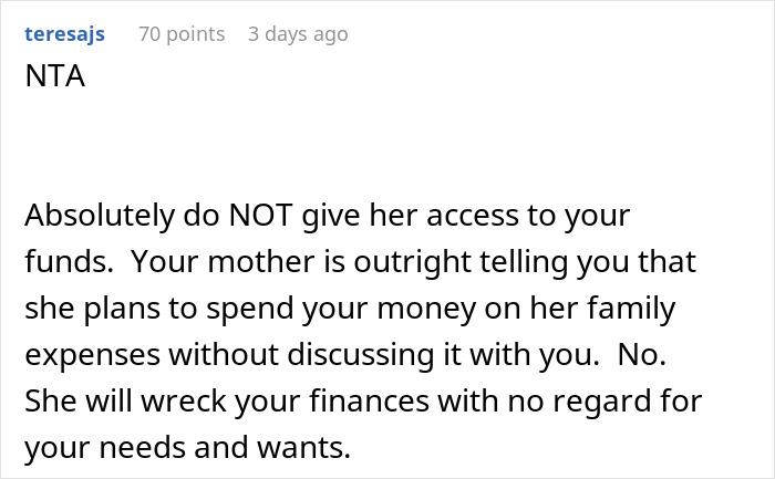 Text warning about a mother planning to use money for family expenses without consent. Text warning about a mother planning to use money for family expenses without consent.