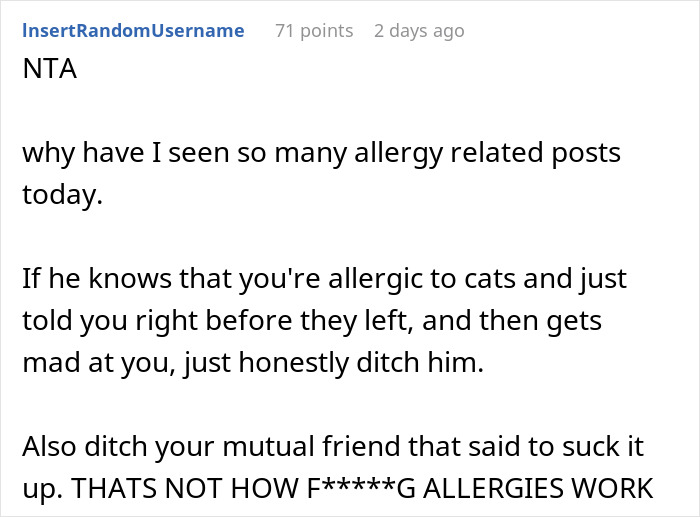 Text post discussing allergy conflicts involving a man, a cat, and a friend's dog, highlighting frustrations.