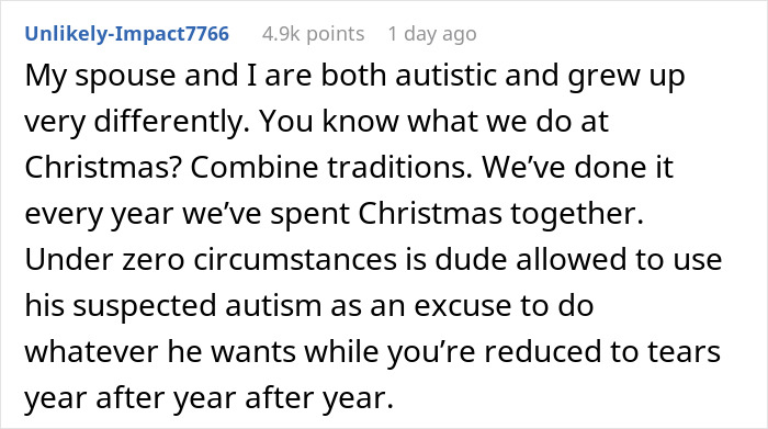 A Reddit comment about Christmas struggles and autism affecting a marriage.