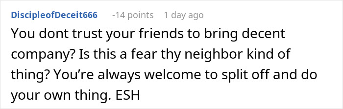Comment discussing trust issues in a travel group planning a Japan trip, questioning decisions, and ending with “ESH”. Comment discussing trust issues in a travel group planning a Japan trip, questioning decisions, and ending with “ESH”.