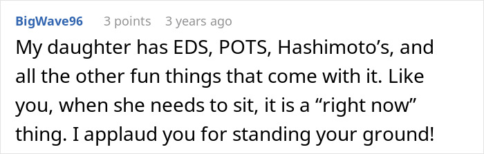 Comment supporting a woman demanding a seat in a shopping mall, mentioning health issues.