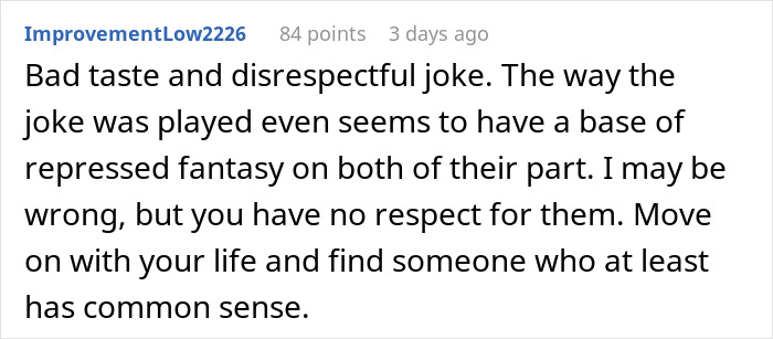 A comment reacting to a woman's prank that affected her 2-year relationship. A comment reacting to a woman's prank that affected her 2-year relationship.