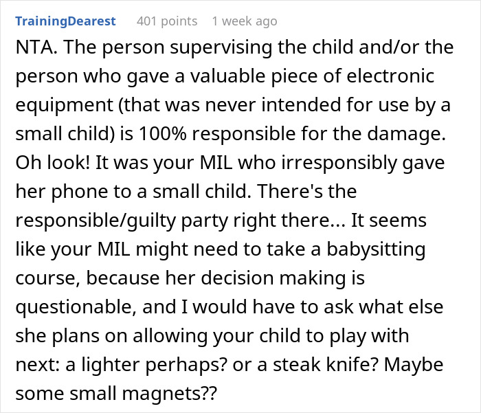 Comment criticizing MIL for giving toddler a phone, blaming irresponsibility. Comment criticizing MIL for giving toddler a phone, blaming irresponsibility.