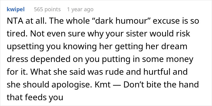 Comment discussing rude joke, dream dress, and taste in humor. Comment discussing rude joke, dream dress, and taste in humor.