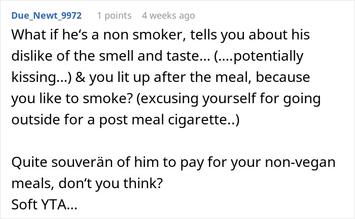 Text debate on tactless behavior, focusing on a woman ordering a meat burger on a date with a vegan.