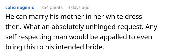 Social media comment criticizing a fianc&eacute;'s request about a wedding dress color for his bride.