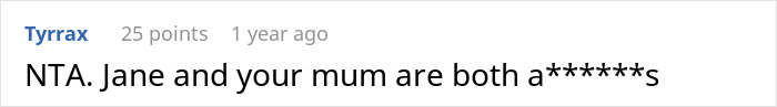 Reddit comment from user Tyrrax saying “NTA. Jane and your mum are both a******s.” Reddit comment from user Tyrrax saying “NTA. Jane and your mum are both a******s.”