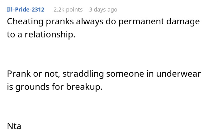Comment discussing pranks causing damage to relationships, emphasizing breakup importance. Comment discussing pranks causing damage to relationships, emphasizing breakup importance.