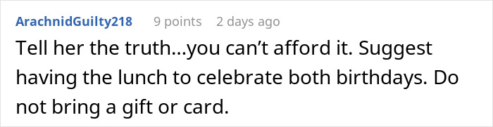 Comment suggesting celebrating both birthdays over lunch without gifts or cards. Comment suggesting celebrating both birthdays over lunch without gifts or cards.