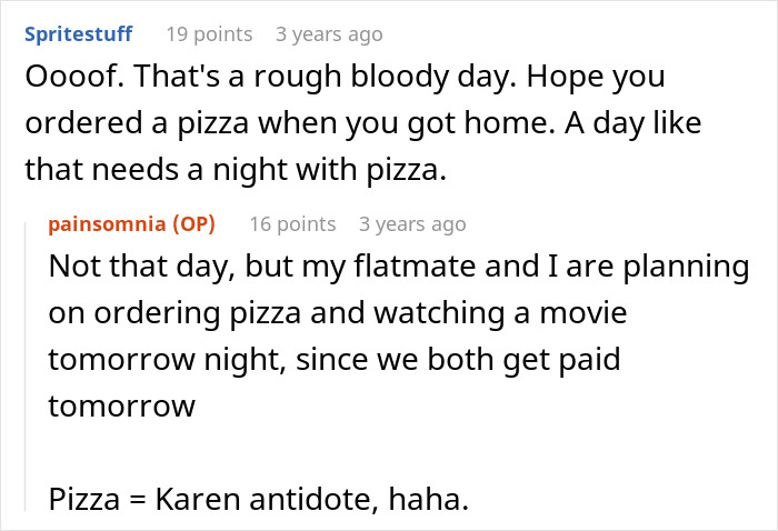 Text exchange about a rough day, discussing plans for pizza and a movie as a remedy, reflecting on an "angry woman" incident.