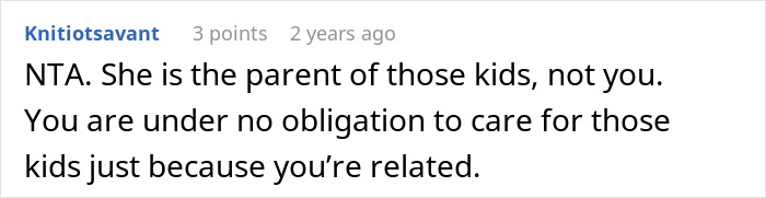 Reddit comment about refusing babysitting sister's kids, emphasizing no obligation due to family ties.
