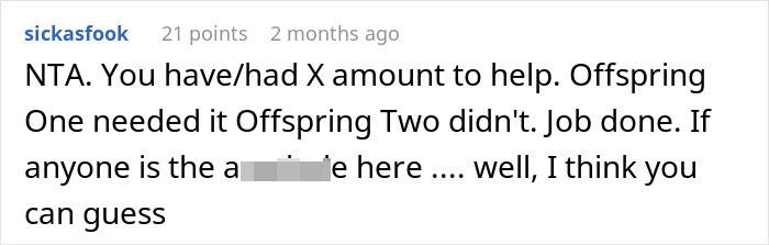 Comment on sibling financial help, discussing fairness in support. Comment on sibling financial help, discussing fairness in support.