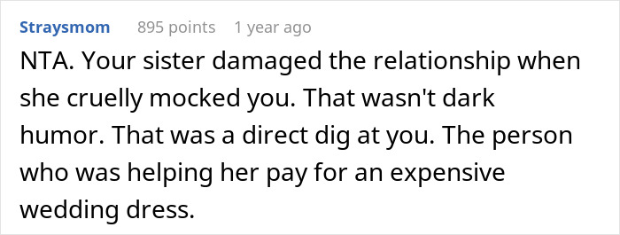 Reddit comment discussing a damaged relationship over an expensive wedding dress joke. Reddit comment discussing a damaged relationship over an expensive wedding dress joke.