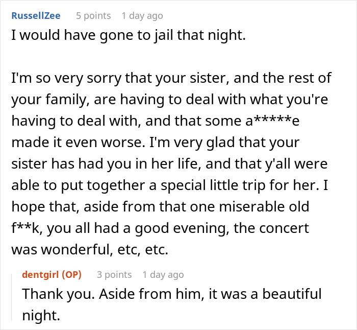 Reddit comments discussing a rude boomer yelling at a woman in a wheelchair during a concert.