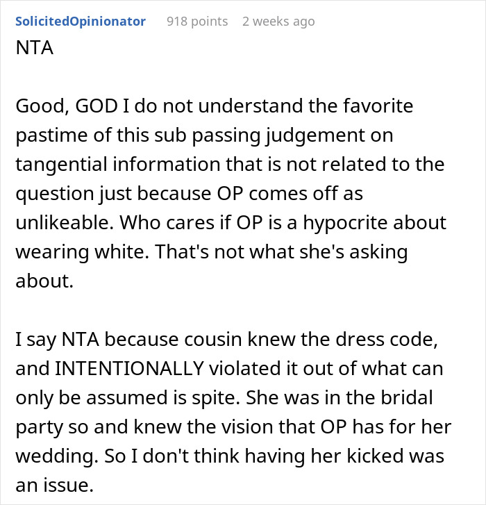 Wedding guest violates dress code, creating drama after being reinvited by the bride; discussion in online forum.