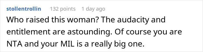 Reddit comment criticizing a MIL for taking credit for gifts not bought by her.