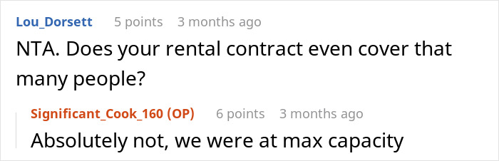 Reddit comment thread discussing in-laws and rental contract during vacation drama.
