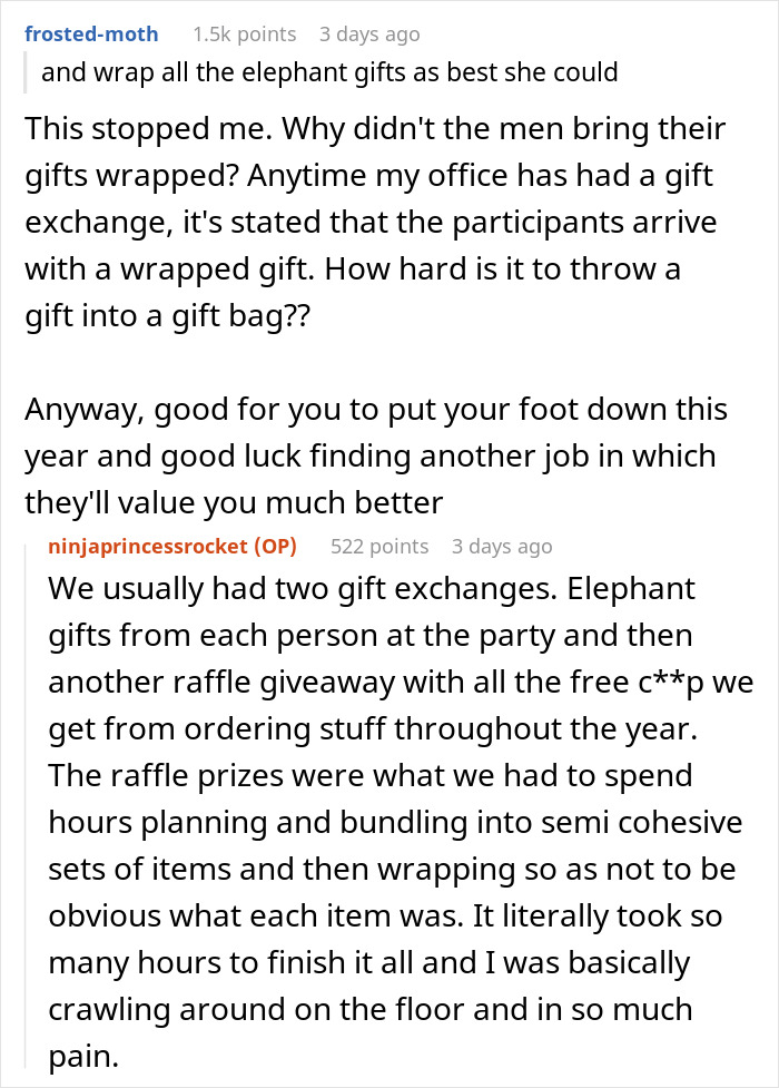 Reddit comments discussing an office Christmas party, focusing on issues with gift wrapping roles.