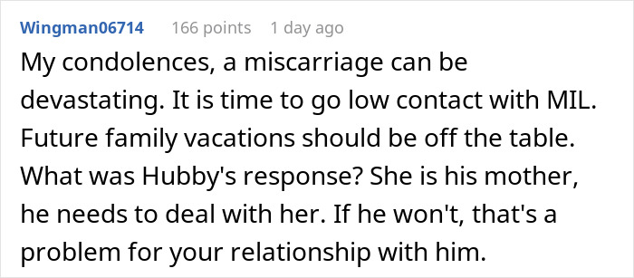Text discussing MIL's impact on vacation plans after a miscarriage, suggesting low contact and addressing the husband's role.