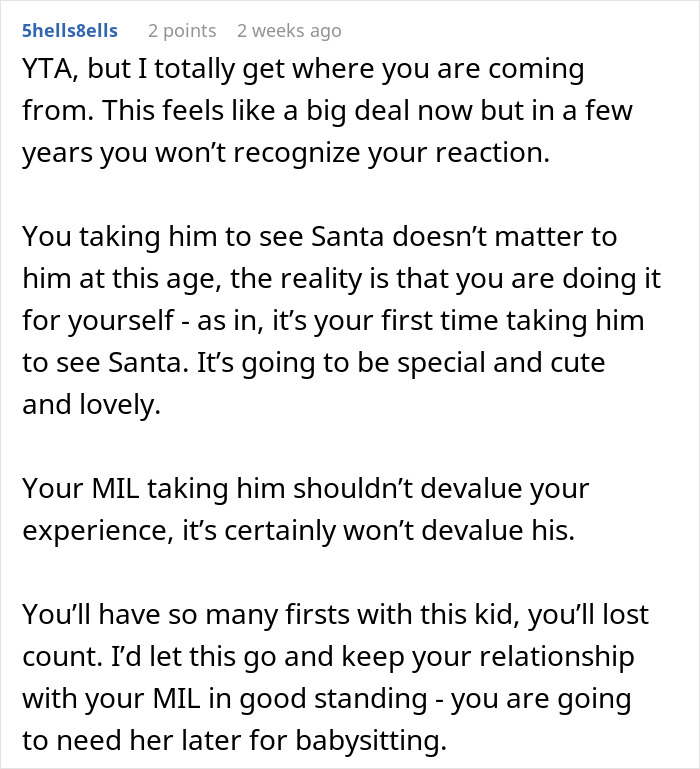 Text post discussing new mom upset about missing her baby's first experience with Santa. Text post discussing new mom upset about missing her baby's first experience with Santa.
