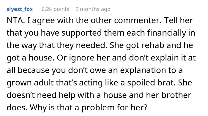 Reddit comment discussing family financial support dynamics and differing needs. Reddit comment discussing family financial support dynamics and differing needs.