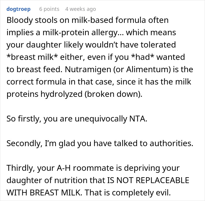Screenshot of a forum comment about baby formula and milk-protein allergy advice. Screenshot of a forum comment about baby formula and milk-protein allergy advice.