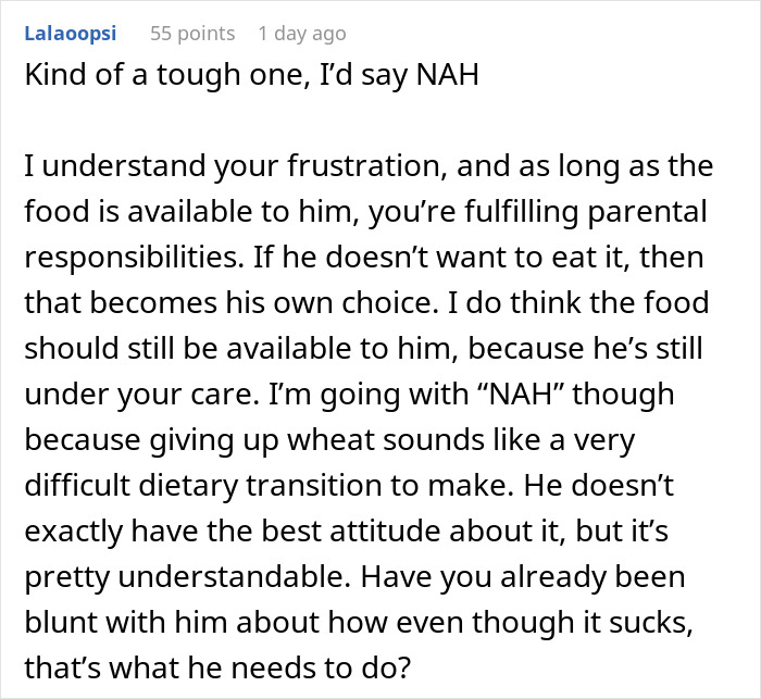 Text discussion about managing a son&rsquo;s wheat allergy and dietary challenges from a parent&rsquo;s perspective.