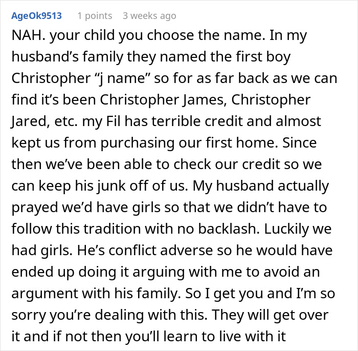 Text discussing breaking family tradition in baby naming, with a focus on avoiding conflict and credit issues. Text discussing breaking family tradition in baby naming, with a focus on avoiding conflict and credit issues.