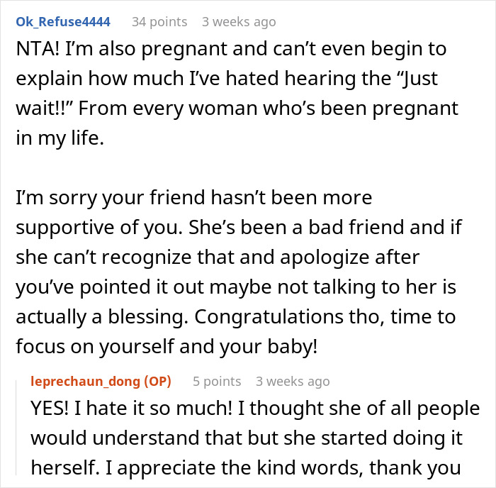 Reddit thread discussing a pregnant friend who complains, highlighting lack of support and understanding.