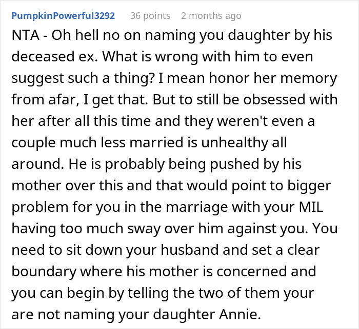 Reddit comment discussing conflict between a woman and her MIL about naming a daughter after MIL's preference.